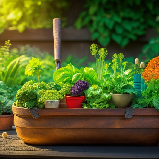 A rustic wooden planter box overflows with lush green herbs and vibrant vegetables, surrounded by gardening tools, a watering can, and a sunny garden backdrop.