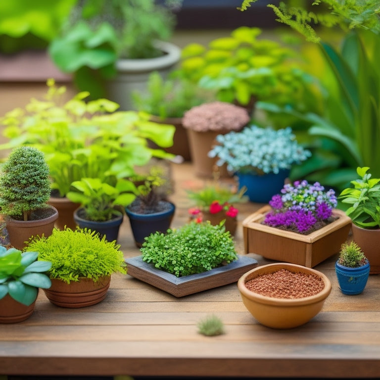 A serene miniature garden scene with four to six varied planters of different shapes, sizes, and materials, showcasing a harmonious blend of lush greenery and vibrant blooming flowers on a compact wooden deck.