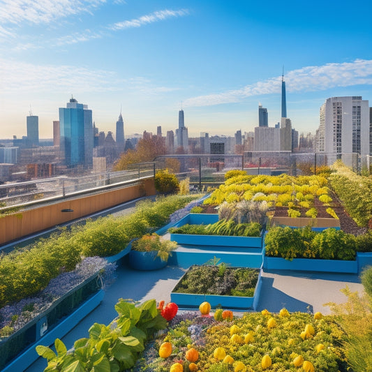 A colorful, modern rooftop garden with a trellis system, featuring lush greenery, vibrant flowers, and various fruits and vegetables growing upwards, surrounded by urban skyline and sunny blue sky.