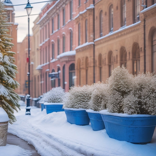 A serene winter cityscape with snow-covered buildings, a bustling street lined with frosty planter boxes, and vibrant greenery peeking out from under blankets of snow and frost.