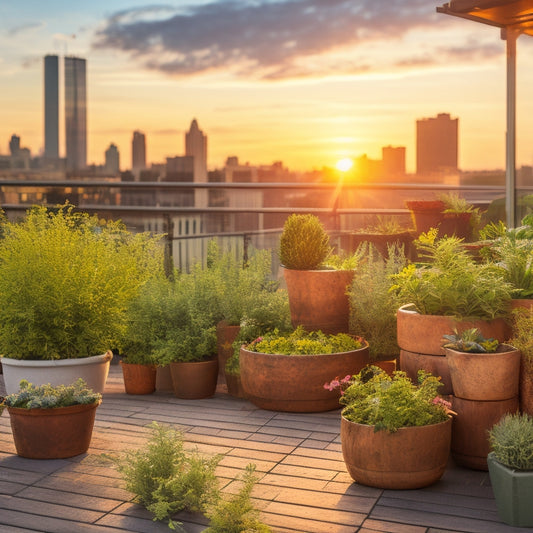 A bustling rooftop garden with a mix of potted herbs, including basil, rosemary, and thyme, surrounded by rustic wooden planters, lush greenery, and a subtle cityscape background at sunset.