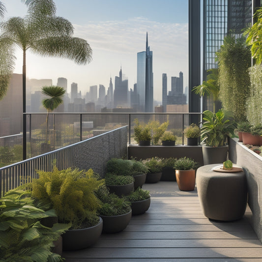 A serene city rooftop oasis with lush greenery, featuring a mix of potted plants, vertical gardens, and a living wall, surrounded by sleek modern furniture and a distant cityscape skyline.