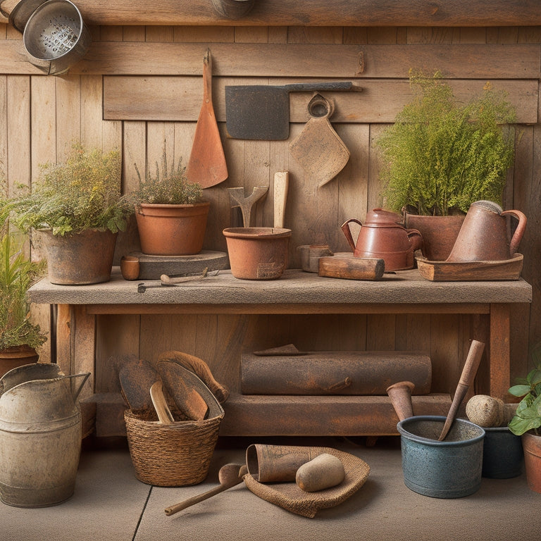 A rustic wooden workbench cluttered with various second-hand planter DIY tools, including a vintage hammer, distressed garden gloves, and a metal watering can with a few scattered terracotta pots.