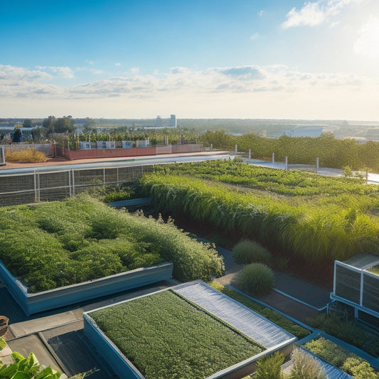 An aerial view of a lush, thriving rooftop hydroponic garden with diverse greenery, misting system, and trellises, set against a bright blue sky with a few puffy white clouds.