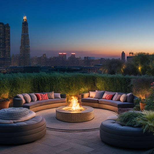 A serene rooftop oasis at dusk, featuring a circular fire pit surrounded by plush sectional seating, lush greenery, and twinkling string lights, with a cityscape silhouette in the background.