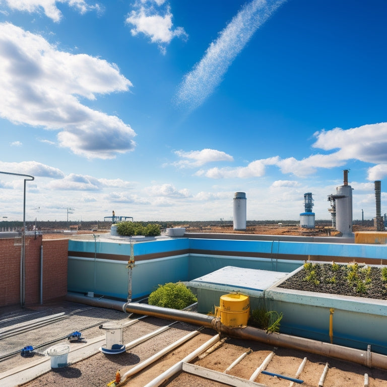 A rooftop with a partially installed irrigation system, featuring exposed pipes, sprinkler heads, and a water tank, set against a bright blue sky with fluffy white clouds.