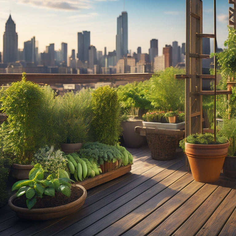 A rooftop garden with a wooden trellis system, featuring lush green beans climbing up a rustic wooden lattice, surrounded by potted plants and a cityscape in the background.