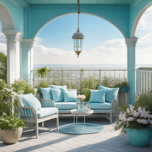A serene, compact rooftop oasis featuring a lush, pastel-hued floral arrangement, delicate iron furniture, and a petite, curved wooden pergola, set against a soft, cloud-filled blue sky.