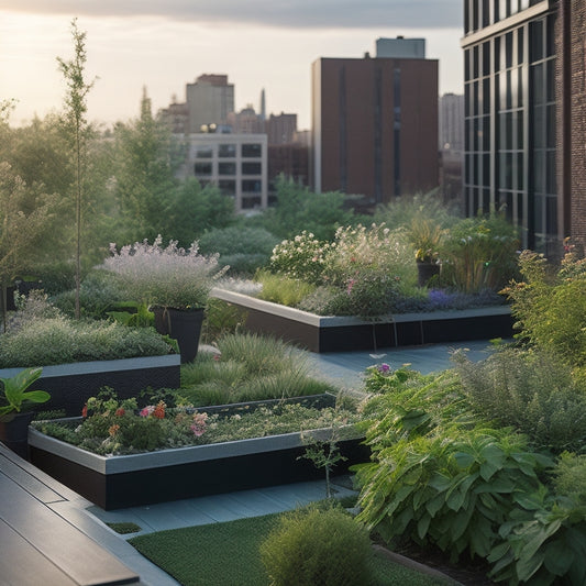 A serene rooftop garden with lush greenery, vibrant flowers, and a subtle mist of water droplets, showcasing a sleek, modern irrigation system with thin tubes and discreet sprinkler heads.