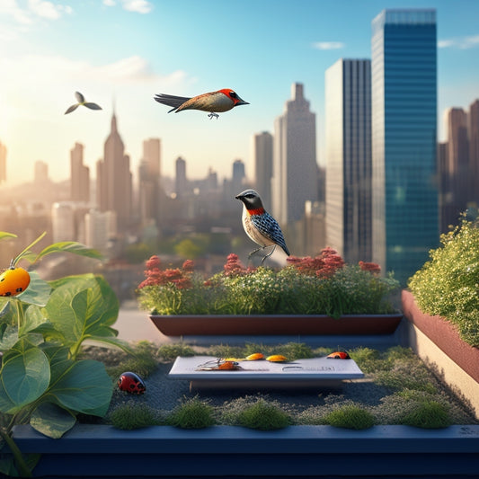 An illustration of a rooftop garden with lush greenery, a few solar panels, and a bird perched on a planter, surrounded by ladybugs and lacewings, with a subtle cityscape in the background.