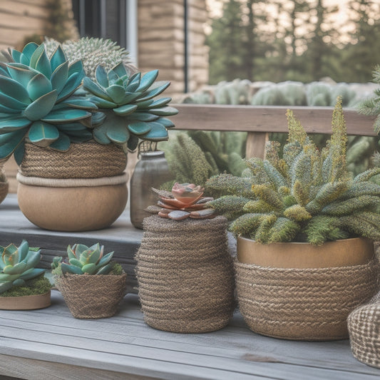 A cozy outdoor patio scene featuring a variety of succulent planters on a wooden bench, surrounded by autumn leaves, with a few planters wrapped in burlap and twine, and others topped with pinecones and evergreen sprigs.