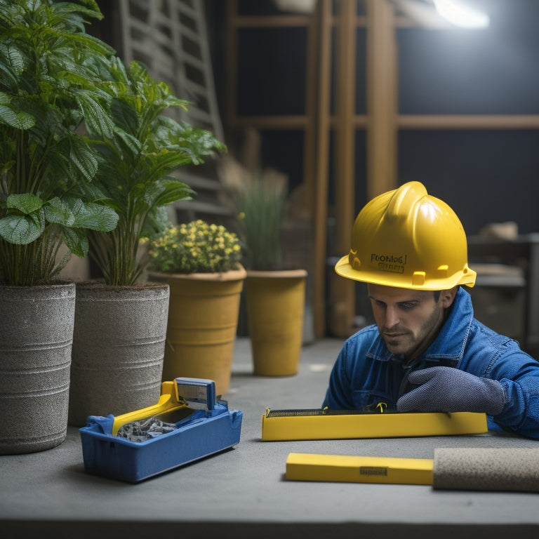 A photograph of a person wearing a yellow glove, holding a tape measure and pencil, standing in front of a stack of gray cinder blocks, with a small potted plant on a nearby workbench.