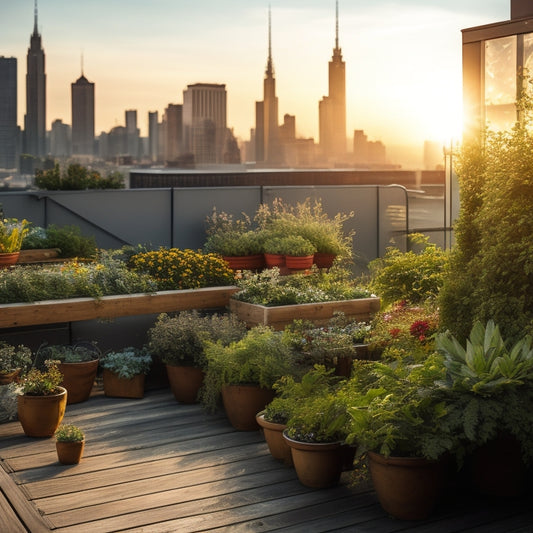 A serene rooftop garden scene with lush greenery, vibrant flowers, and a variety of vegetables thriving in wooden planters, surrounded by a chic urban skyline at sunset.