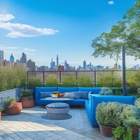 A serene rooftop oasis with lush greenery, vibrant flowers, and a trellis supporting climbing plants, surrounded by sleek city skyscrapers and a bright blue sky with a few wispy clouds.