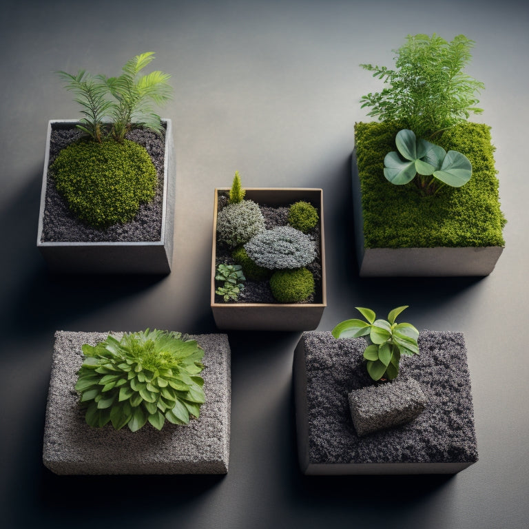 An overhead shot of three identical planters, each containing the same plant, but with different block arrangements: one with uniform, neat blocks; one with mismatched, crumbling blocks; and one with blocks overgrown with moss and vines.