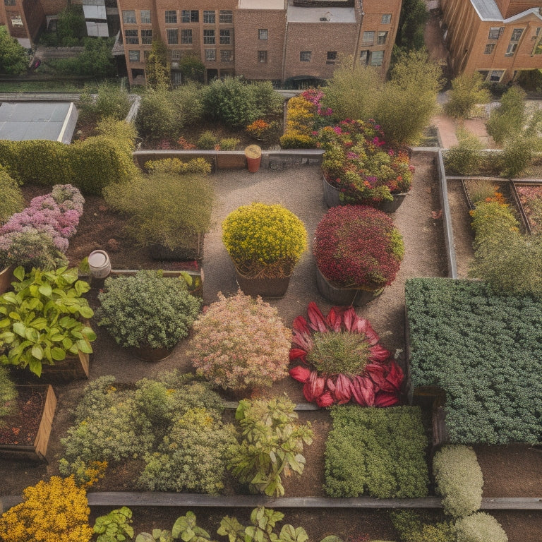 A vibrant, aerial view of a thriving rooftop vegetable garden, with lush green plants and colorful blooms, surrounded by repurposed containers filled with natural fertilizers like compost, manure, and coffee grounds.