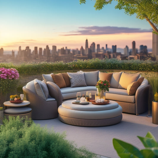 A serene rooftop garden scene featuring a sleek, curved elevated seating area with plush cushions, surrounded by lush greenery, vibrant flowers, and a stunning cityscape backdrop at sunset.