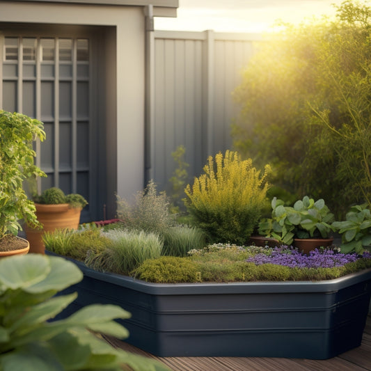 An illustration of a rooftop container garden with parched, wilting plants and cracked soil, contrasted with a thriving, lush section featuring a bespoke irrigation system with micro-sprinklers and moisture sensors.