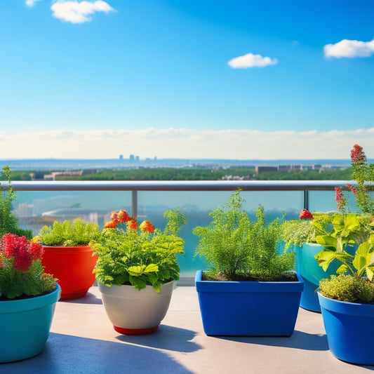 A serene rooftop setting with lush greenery, featuring 3-5 compact planters of varying shapes and sizes, overflowing with juicy strawberries and fresh mint leaves, against a bright blue sky with fluffy white clouds.