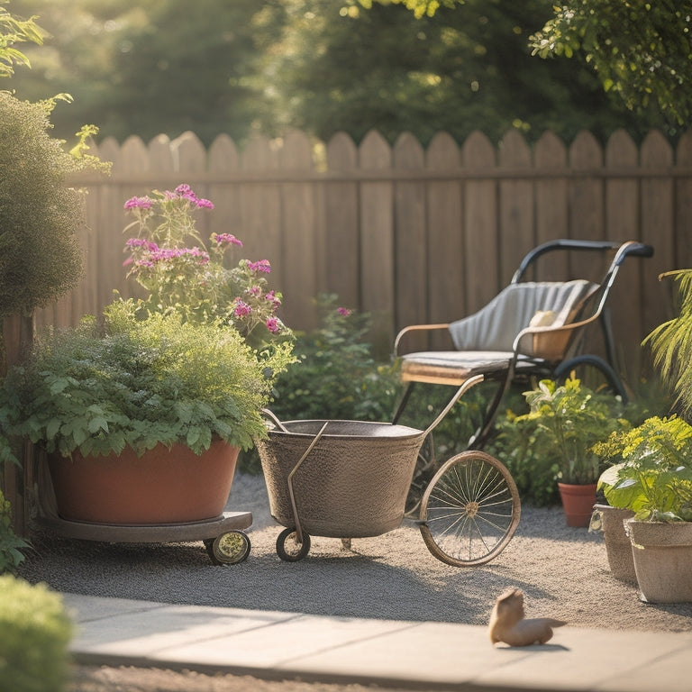 A serene, sun-drenched garden scene with a variety of potted plants, gardening tools, and a wheelbarrow filled with rich, dark soil, surrounded by lush greenery and a subtle wooden fence.