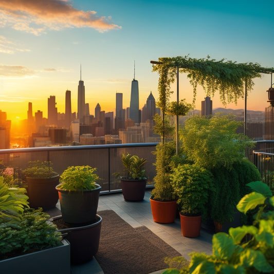 A rooftop garden with a thriving hydroponic system, featuring a trellis with climbing plants, a vertical grow wall, and a nutrient-rich misting system, set against a cityscape backdrop during sunset.