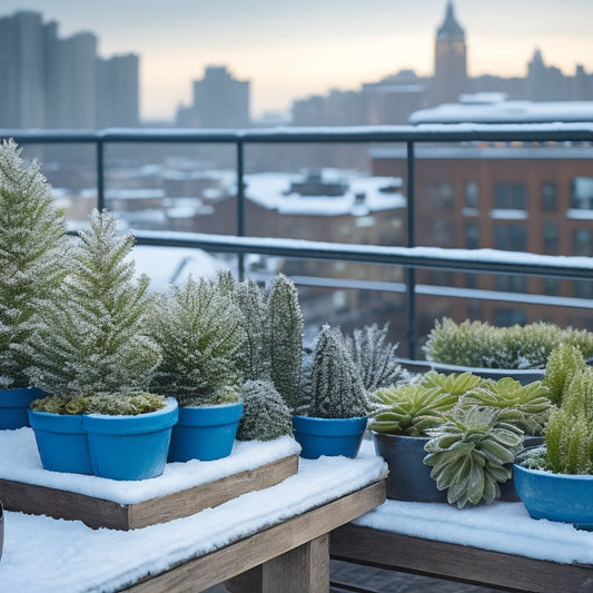 A serene winter rooftop scene with a thriving garden: snow-covered planters, evergreen shrubs, and frost-kissed succulents, surrounded by a sturdy wooden railing and a cityscape in the background.