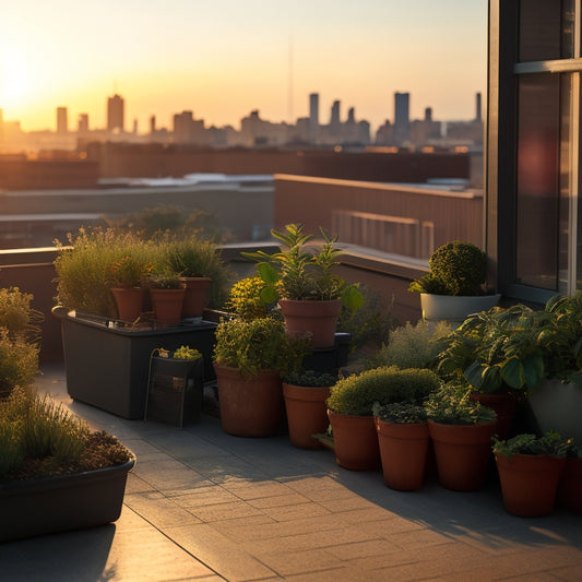 A serene urban rooftop scene at dawn, with a few potted plants and a small, neatly organized gardening station, surrounded by a freshly prepared, dark brown soil bed with gentle, rolling mounds.