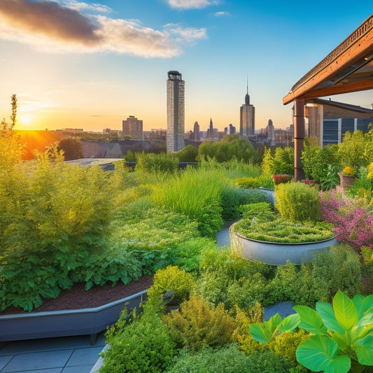 A serene rooftop garden with lush greenery, vibrant flowers, and thriving plants, illuminated by warm sunlight, with three distinct hydroponic irrigation systems in the foreground, each with unique pipes, valves, and pumps.