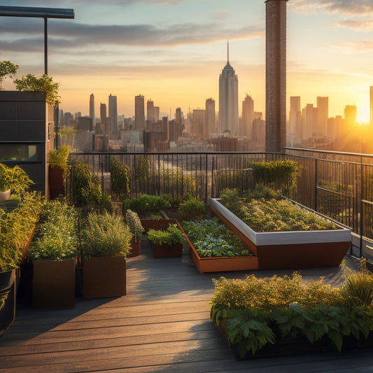A serene urban rooftop scene at sunset, with a lush vegetable garden overflowing from wooden planters and trellises, surrounded by city skyscrapers and a few comfortable outdoor seating areas.