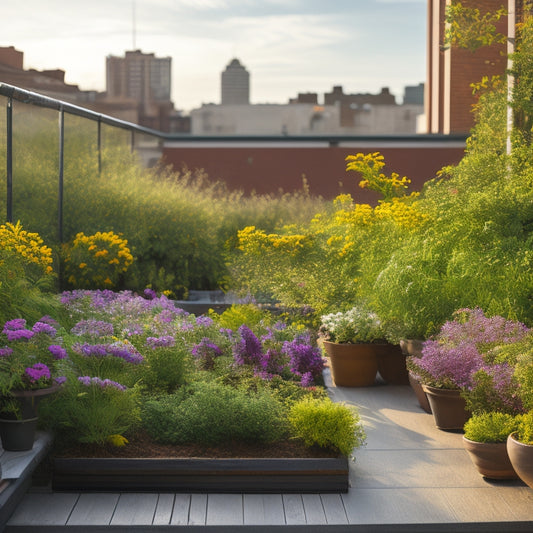 A serene rooftop garden with lush greenery, vibrant flowers, and a subtle drip irrigation system visible beneath the soil, with tiny droplets of water glistening on the leaves and petals.