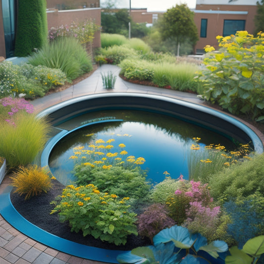 A serene rooftop garden with lush greenery, vibrant flowers, and a small pond, surrounded by a sleek rainwater harvesting system, featuring a large tank, pipes, and a subtle irrigation network.