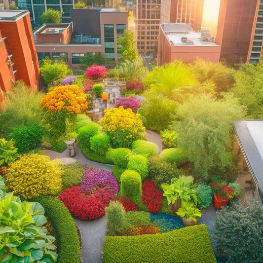 An aerial view of a lush rooftop garden with a sprawling irrigation system, featuring a mix of pipes, valves, and sprinklers, surrounded by vibrant greenery and colorful flowers, set against a cityscape backdrop.