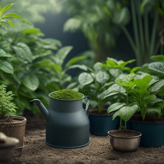 A serene planter scene featuring a lush green plant with droplets of water glistening on its leaves, surrounded by a layer of mulch, with a watering can and a moisture meter in the background.