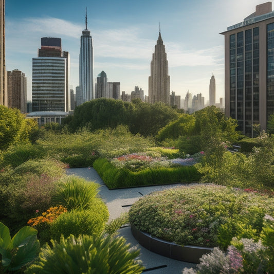 A serene rooftop garden with lush greenery, vibrant flowers, and a meandering pathway, surrounded by sleek city skyscrapers and a bright blue sky with a few wispy clouds.