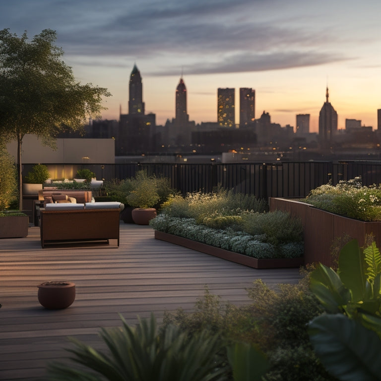 A serene rooftop garden with lush greenery, wooden planters, and a sleek, modern pergola, set against a cityscape background with a subtle sunset glow, showcasing a tranquil urban oasis.