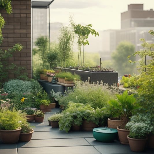 A serene rooftop garden scene with lush greenery, vibrant flowers, and a subtle mist of water droplets, showcasing a micro irrigation system with thin tubes and tiny nozzles amidst the foliage.