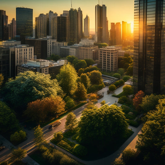 A bird's-eye view of a cityscape at sunset, with rooftops of varying heights and shapes transformed into vibrant green spaces, featuring gardens, walkways, and modern amenities.