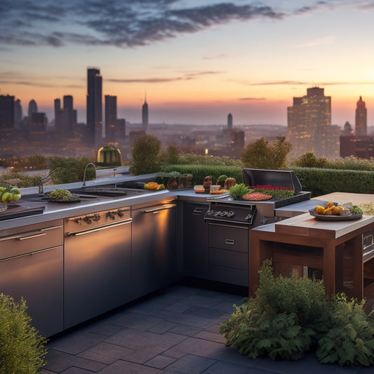 A serene urban rooftop garden with a sleek, modern outdoor kitchen, featuring a large island with built-in grill, surrounded by lush greenery, and a stunning cityscape view at sunset.