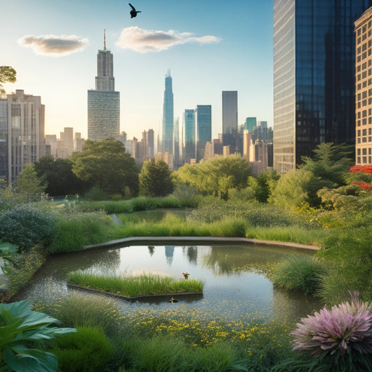 A serene rooftop garden with lush greenery, vibrant wildflowers, and a small pond reflecting the cityscape, surrounded by modern skyscrapers and bustling streets below, with a few birds flying overhead.