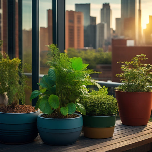 A serene rooftop scene: lush greenery spills over a wooden planter, surrounded by sleek cityscape skyscrapers, with a few potted plants, a watering can, and a garden glove placed artfully nearby.