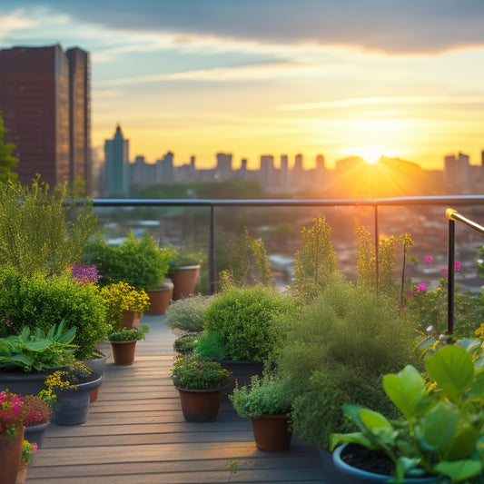 A serene rooftop garden scene at dawn, with lush greenery and colorful flowers, featuring a self-watering system with pipes, valves, and sensors, amidst a modern cityscape background.