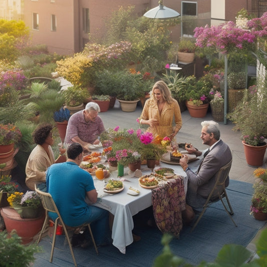 Illustrate a vibrant rooftop garden with diverse plants, colorful flowers, and lush greenery, surrounded by people of different ages and backgrounds gathered around a communal table, sharing food and laughter.