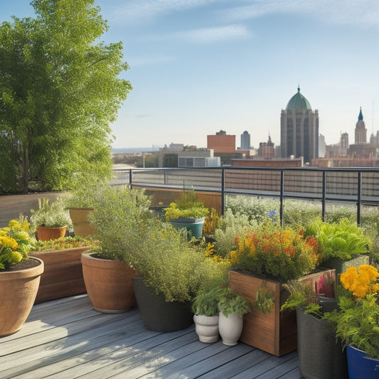 A serene rooftop garden with lush greenery, vibrant flowers, and a variety of vegetables thriving in wooden planters, surrounded by a white railing and a clear blue sky with a few puffy clouds.