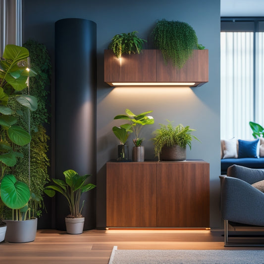 A modern, sleek, and minimalist living room with a floor-to-ceiling vertical garden planter, featuring built-in LED grow lights, lush greenery, and a subtle wooden accent wall in the background.