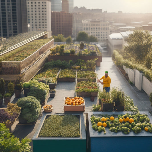 Aerial view of a lush rooftop garden amidst a bustling cityscape, with rows of vibrant green vegetables, a few bees buzzing around, and a chef in the distance, inspecting a freshly picked basket of produce.