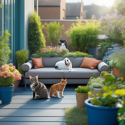 A serene rooftop garden scene with lush greenery, vibrant flowers, and a few pets (a cat, dog, and bird) playing or lounging amidst modern outdoor furniture and planters.