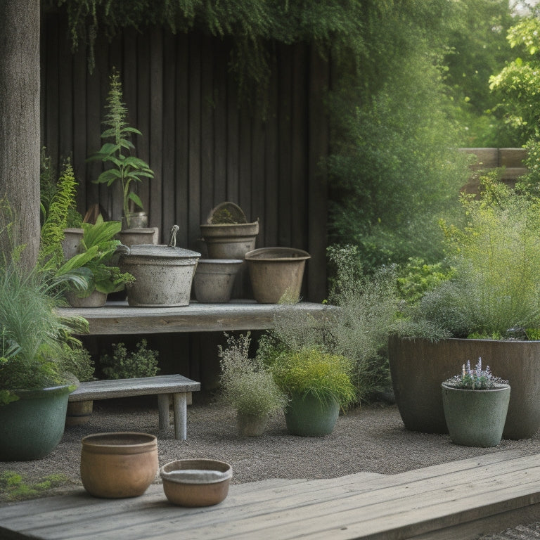 A serene backyard scene featuring a repurposed concrete planter, now a thriving mini-garden, surrounded by lush greenery, with a reclaimed wood bench and a few rustic garden tools in the background.