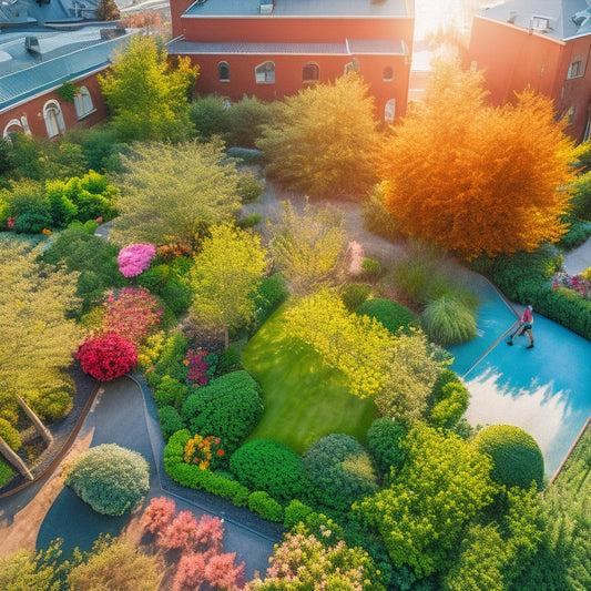 Aerial view of a lush green rooftop garden with various irrigation systems: dripping hoses, sprinklers, and misting systems, amidst vibrant flowers, shrubs, and trees, on a sunny day with fluffy white clouds.