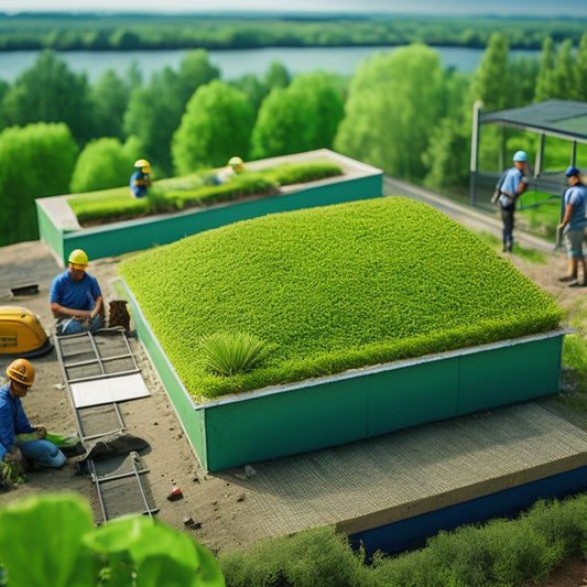 Illustrate a multi-layered green roof under construction: exposed waterproofing membrane, drainage system, growing medium, and lush vegetation, with workers in hard hats and safety gear in the background.