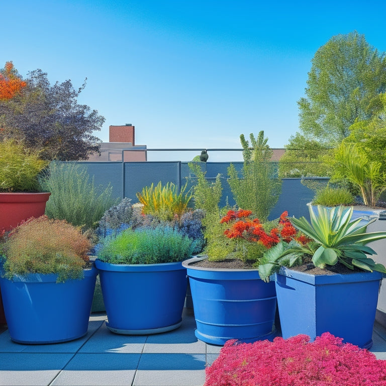 A rooftop garden in a hot, sun-drenched climate, with a variety of vibrant plants thriving in modern, sleek planters made of weathered metal, recycled plastic, and terra cotta, against a bright blue sky.